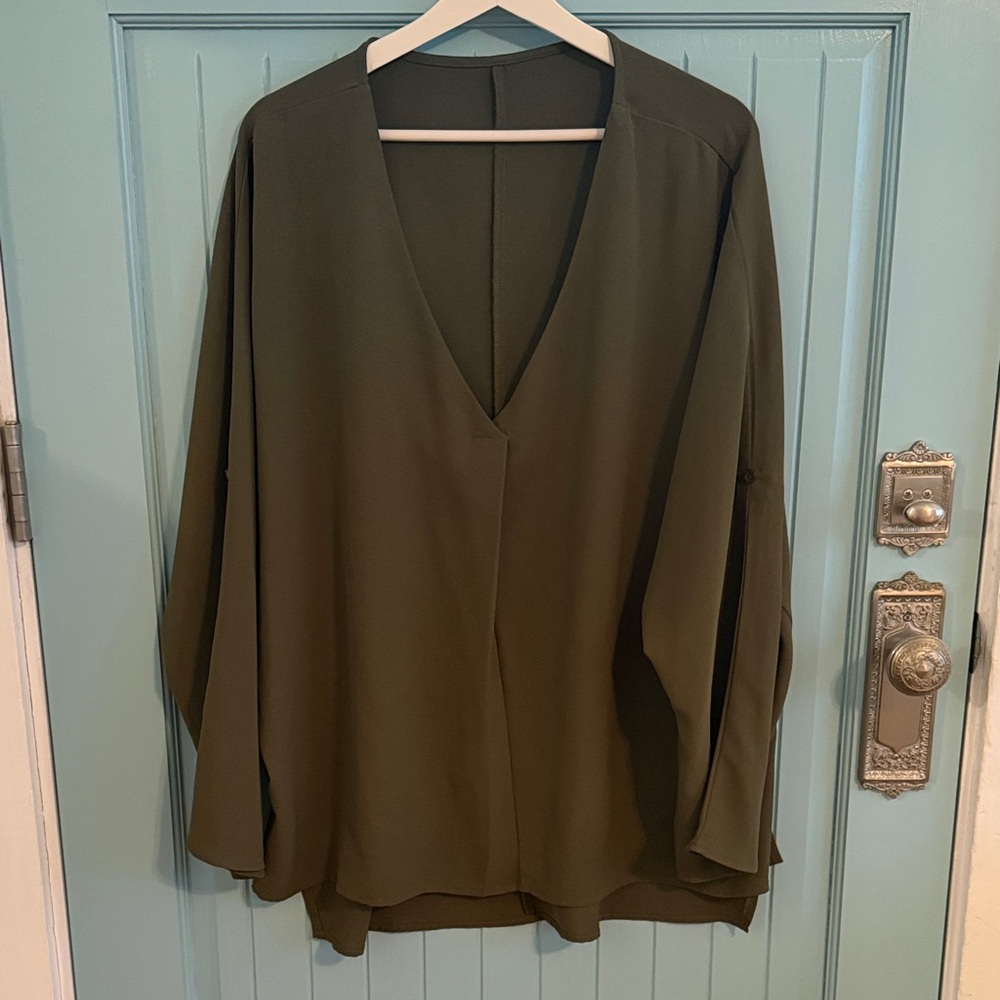 Flowy V-Neck Tunic Top in Olive Green